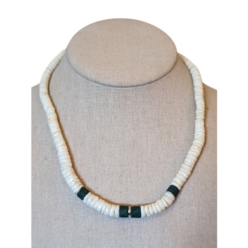 Vintage Puka Shell & Green Lava Stone Bead 15" Necklace